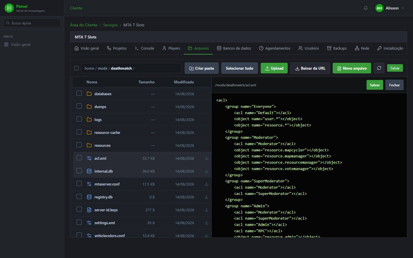 Clique no acl.xml para abrir. Procure user.console e troque console pelo seu nick.