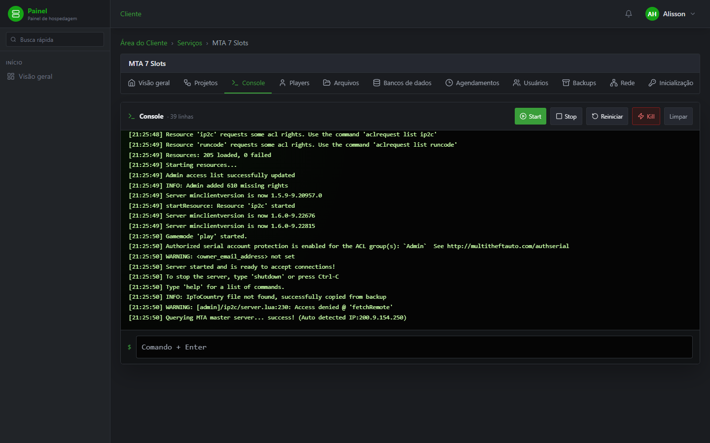 Console do PainelLH: é aqui que você escreve refresh e start.