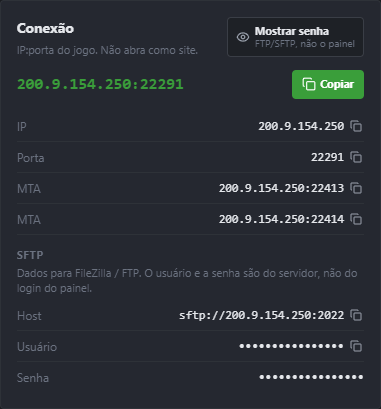 Bloco SFTP: Host no formato sftp://IP:2022, Usuário e Senha. A senha aparece escondida (bolinhas) até você clicar em Mostrar senha.