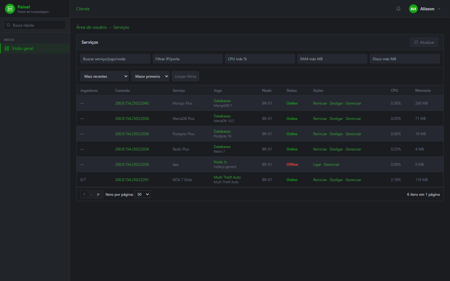 Lista de serviços no PainelLH. Clique em Gerenciar no seu servidor (MTA, Minecraft, etc.).