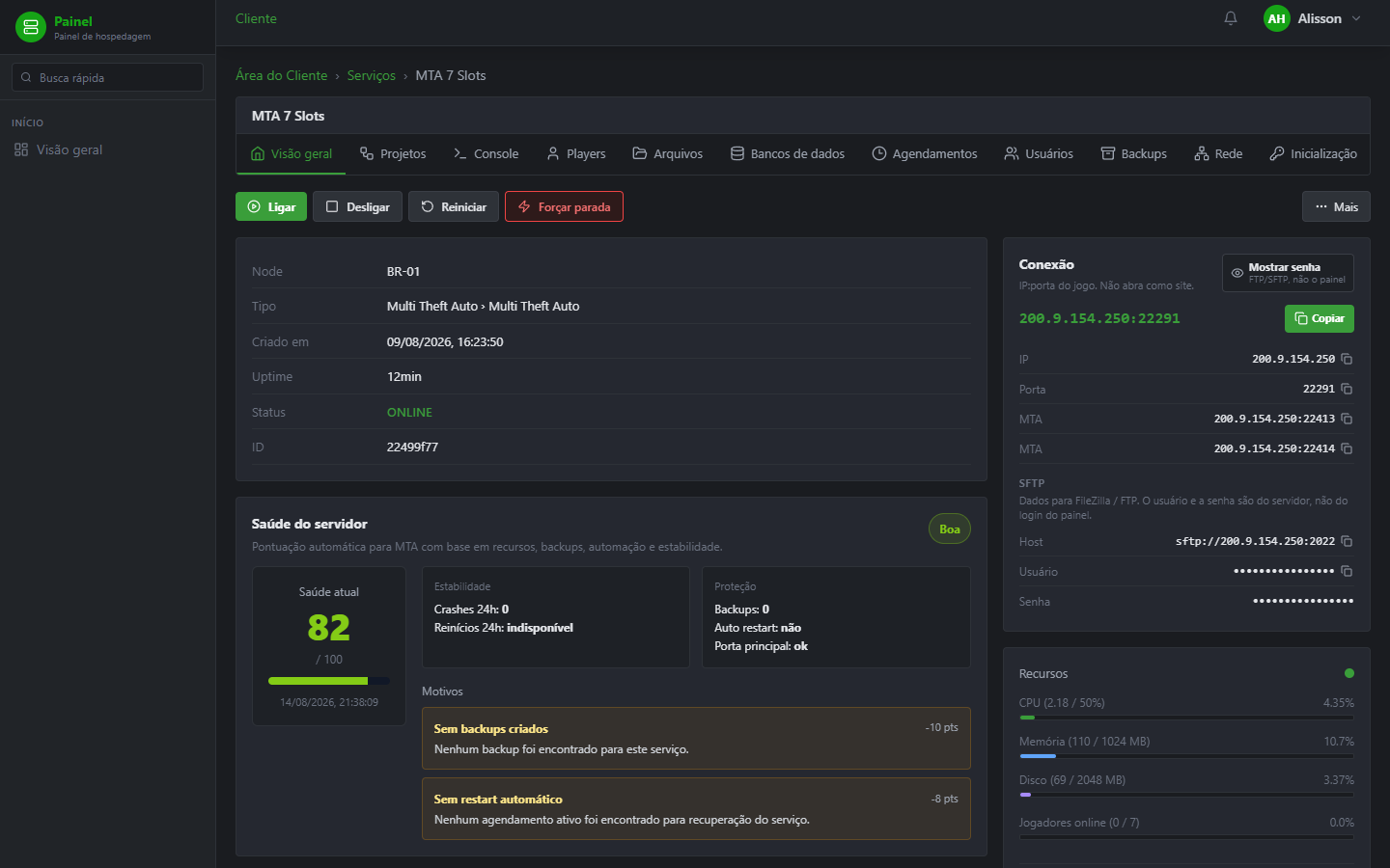 Role a Visão geral até aparecer SFTP, embaixo do bloco Conexão.